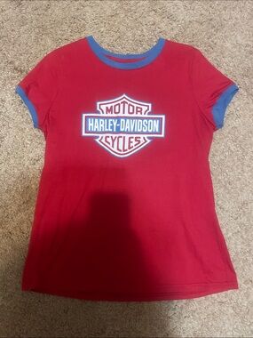 Harley-Davidson Red Tee with Blue Trim and Logo